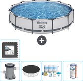 Bestway Rond Steel Pro MAX Zwembad - 366 x 76 cm - Grijs - Inclusief Pomp Afdekzeil - Onderhoudspakket - Filter - Vloertegels