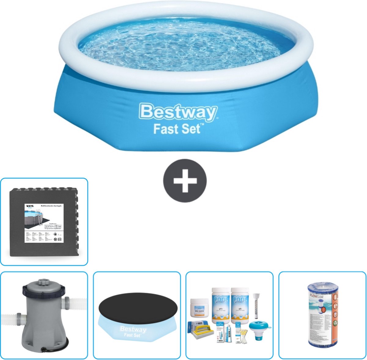 Bestway Rond Opblaasbaar Fast Set Zwembad - 244 x 61 cm - Blauw - Inclusief Pomp Afdekzeil - Onderhoudspakket - Filter - Vloertegels