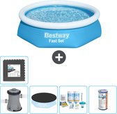 Bestway Rond Opblaasbaar Fast Set Zwembad - 244 x 61 cm - Blauw - Inclusief Pomp Afdekzeil - Onderhoudspakket - Filter - Vloertegels