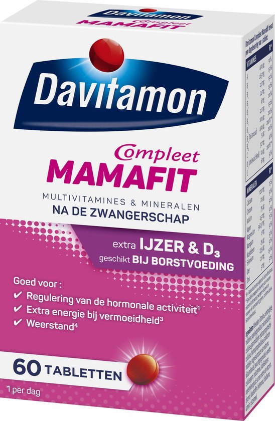 Davitamon Compleet Mamafit - multivitamine voor na de zwangerschap - helpt je om aan te sterken na de bevalling - met ijzer en vitamine D3 - 60 tabletten - Davitamon