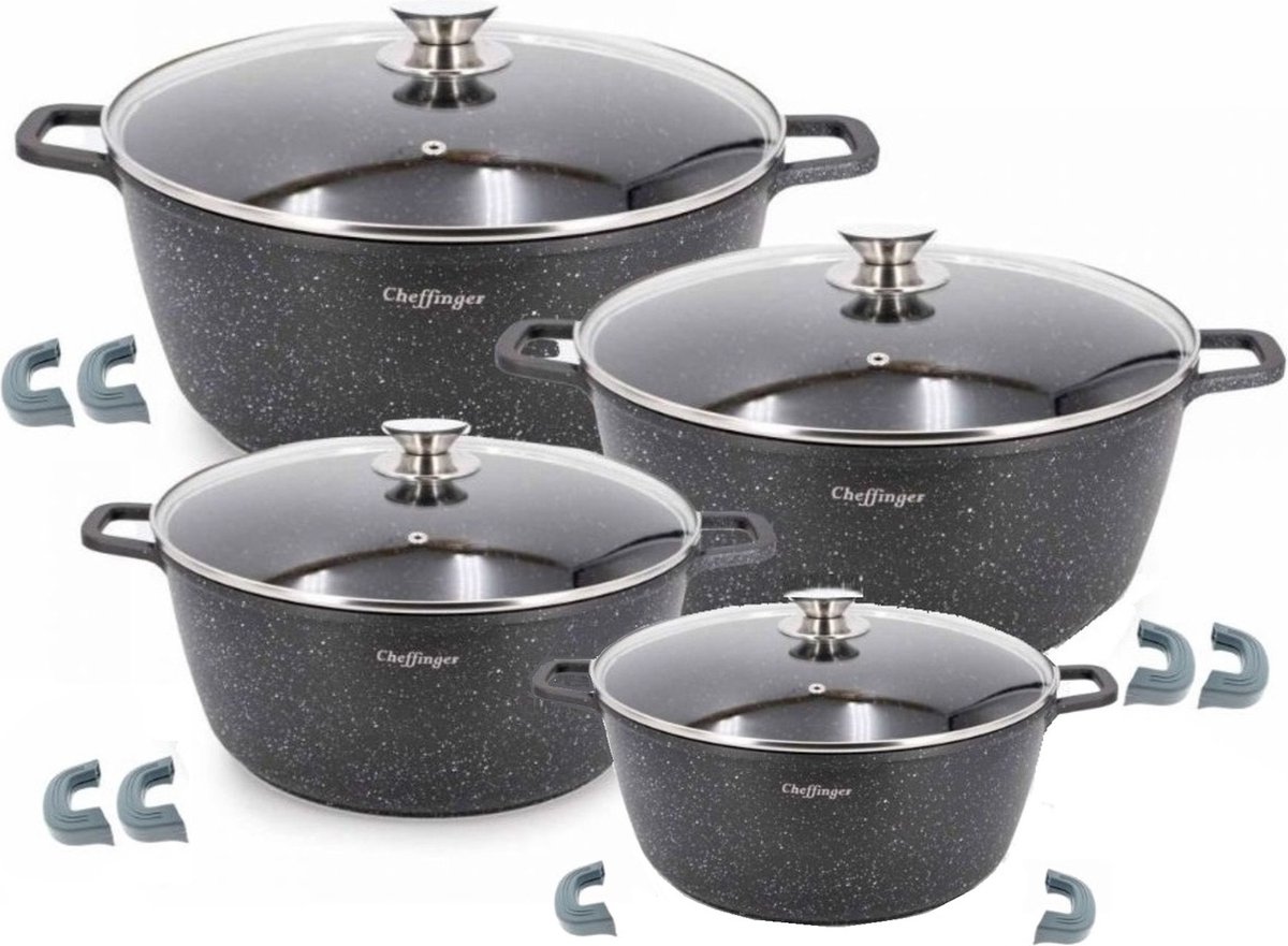 Cheffinger Pannenset met Deksel - 8-delig - Zwart - Ø20/24/28/32cm - Inductie