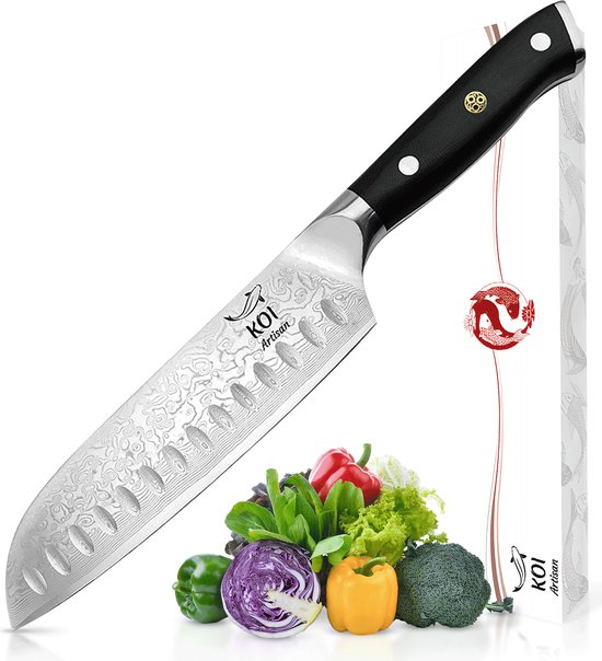 KOI Artisan® Koksmes - Chefs Santokumes - 17,78 cm - Scheermesscherp Lemmet - 67 Lagen - Damascus Japanse Messen VG10 Super Staal - Bestand tegen Corrosie & Vlekken