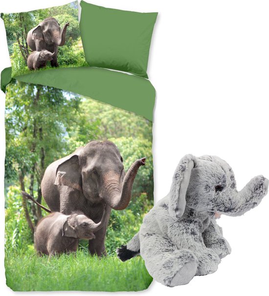 Dekbedovertrek - Elephants - 1 persoons - 100% katoen - 140x200/220 cm - inclusief pluche knuffel