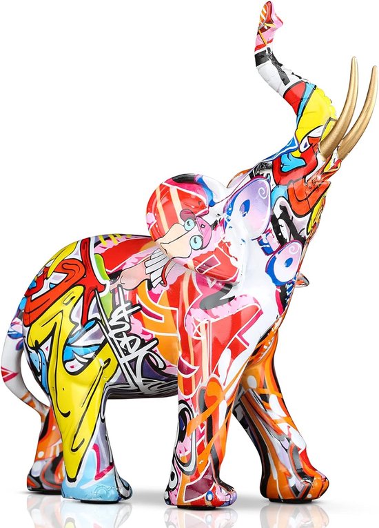 Kleurrijke Graffiti Olifant Beeldhouwwerken, Graffiti Kunst Staande Olifant Statue Ornament, Abstract Hars Splash Kleur Beeldje voor Verzamelbare Figuur Home Decor