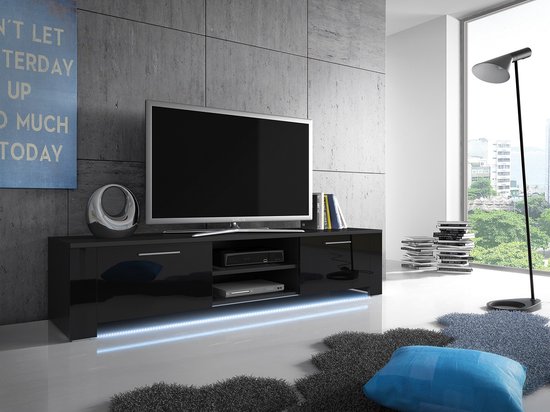 RTV 9 staand TV-meubel + LED, woonkamermeubel, kast met planken, zwart glans / mat zwart, Maxi Maja