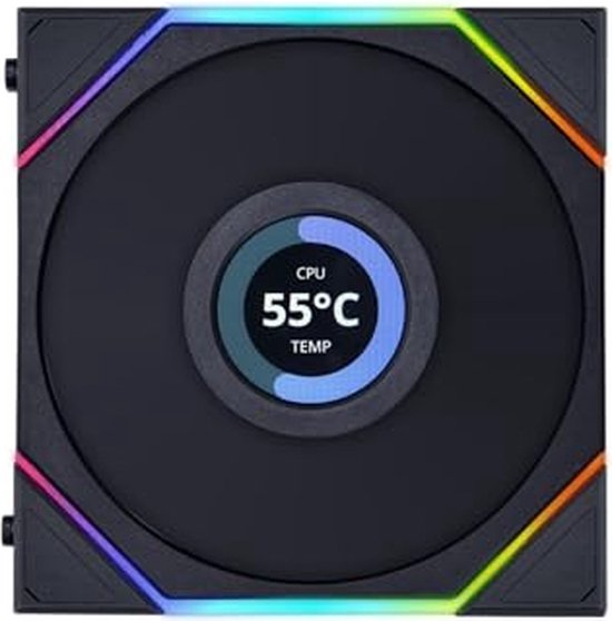 Lian Li UNI FAN TL LCD 120 ARGB Black - Ventilatorhuis 3-pack - 120mm - 62 CFM - 300 - 1900 RPM - 27 dBA - 1.6" LCD Scherm 400x400 - incl. controller - FDB - 4-pin PMW - black