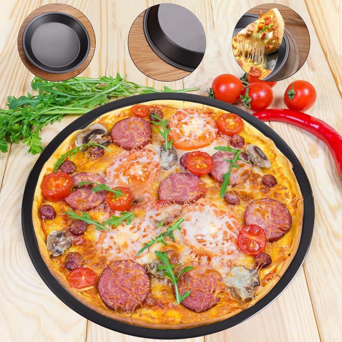 Pizzablek set van 4, ronde pizzaplaat 28 cm, antiaanbaklaag, pizzaplaat met kwast, ronde pizzaplaat voor bakken en serveren, duurzaam, gelijkmatig verwarmd en gemakkelijk te reinigen