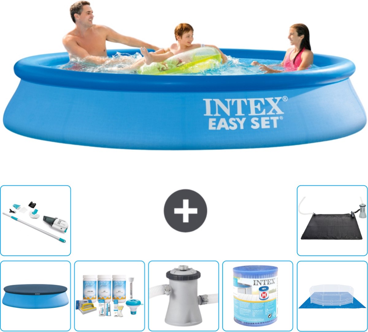 Intex Rond Opblaasbaar Easy Set Zwembad - 305 x 61 cm - Blauw - Inclusief Afdekzeil - Onderhoudspakket - Zwembadfilterpomp - Filter - Grondzeil - Stofzuiger - Solar Mat - 8-delig