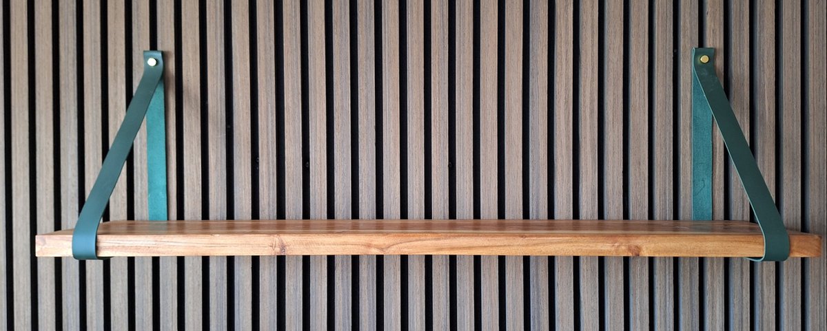 Hoexs - Acacia Hout - 70 Cm - Leren Plankdragers Groen - Inclusief Luxe Bevestigingsmateriaal - Vintage Plank- Boekenrek