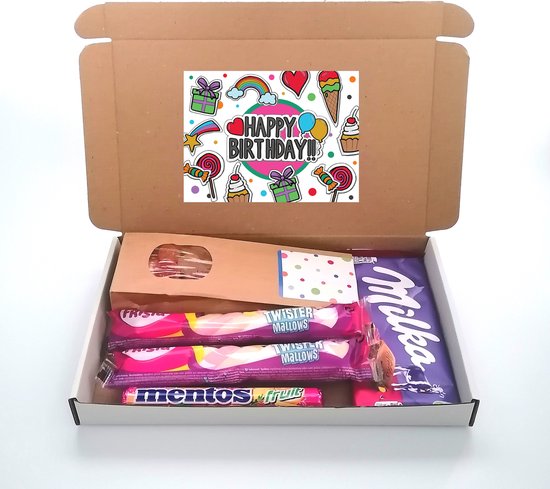 Verjaardag cadeautje - brievenbus pakketje - Happy Birthday - Tum Tum - Milka chocolade - Frisia kabelspek - Mentos Fruit