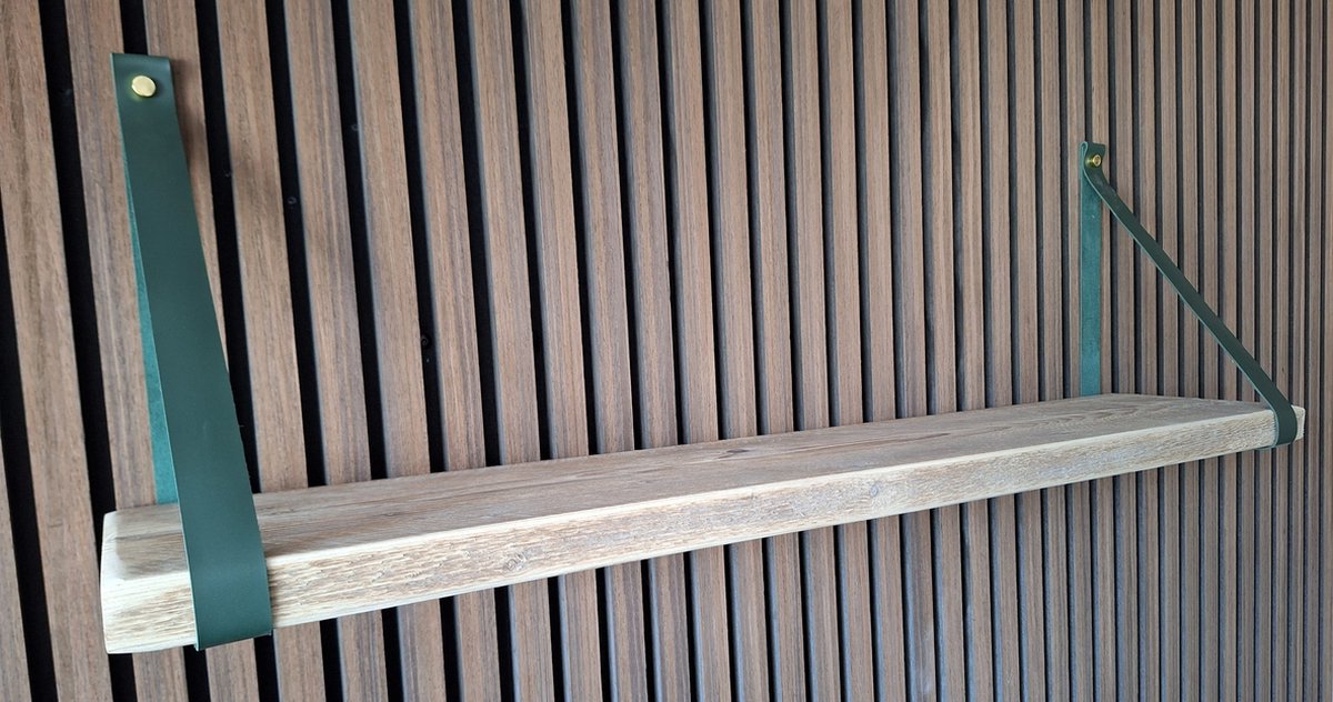 Hoexs - Steigerhouten Wandplank - 80 Cm - Leren Plankdragers Groen - Inclusief Luxe Bevestigingsmateriaal - Vintage Plank- Boekenrek