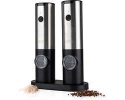 Peper en Zoutmolen Set Elektrisch - Met USB-C Oplaadstation - Zwart - RVS - Nimma
