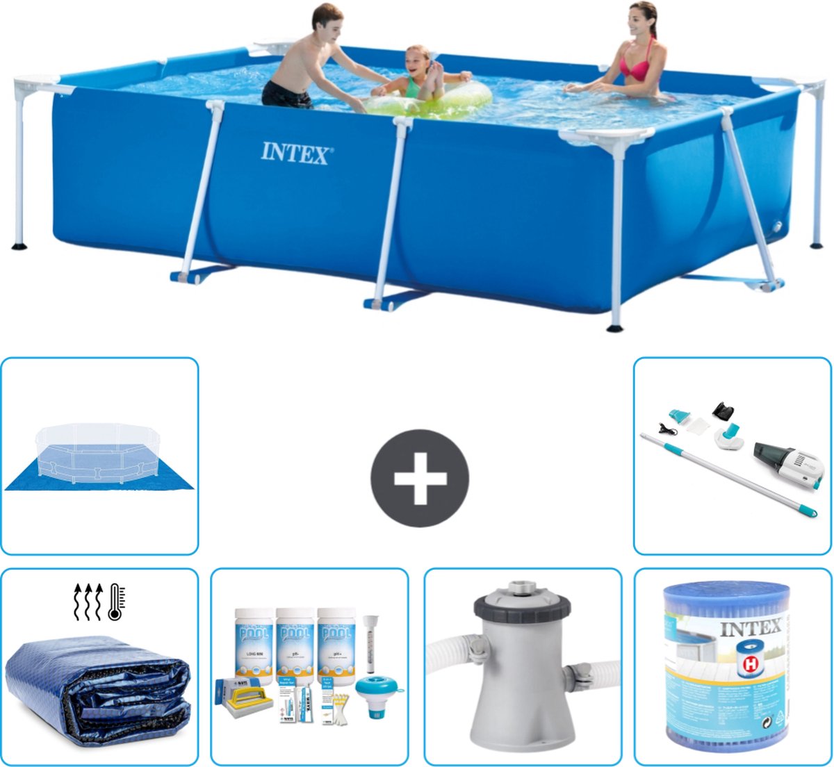 Intex Rechthoekig Frame Zwembad - 300 x 200 x 75 cm - Blauw - Inclusief Solarzeil - Onderhoudspakket - Zwembadfilterpomp - Filter - Grondzeil - Stofzuiger - 7-delig