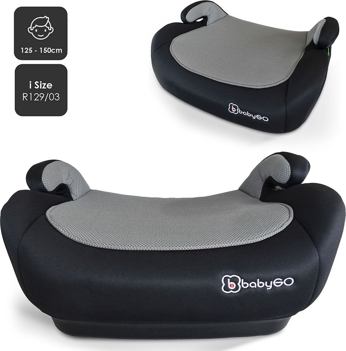 BabyGO autostoel Booster iSize - Zitverhoger - Stoelverhoger - Autogordel bevestiging - Zwart Melange (voor kinderen van 125 - 150cm) - BabyGO