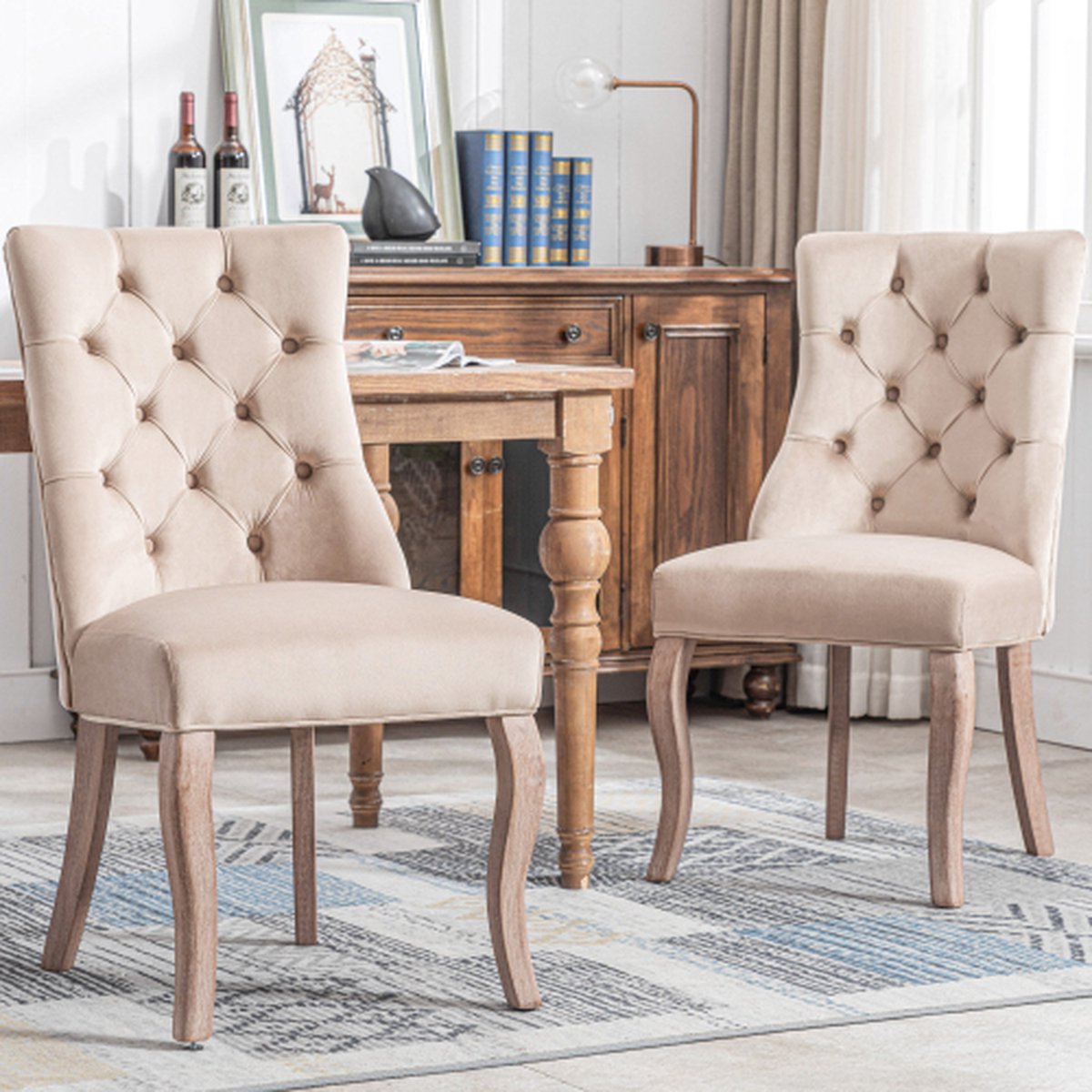 4-poots stoel, beige fluwelen eetkamerstoel, hoge rugleuning, met knoopquilt, massief houten frame, beige (set, 2 stuks)
