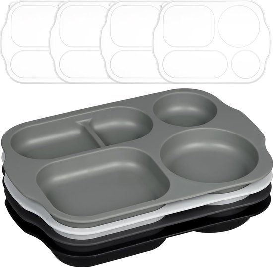 Planches de menu, 4 pièces, assiettes divisées avec couvercle, 5 compartiments, assiette PP 28 cm, séparateurs incassables et incassables pour enfants et adultes, vaisselle, micro-ondes et