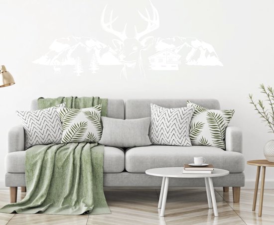 Muursticker cerf avec Arbres de Montagnes et maison - gris clair - 120 x 51 cm - salon chambre - sticker mural