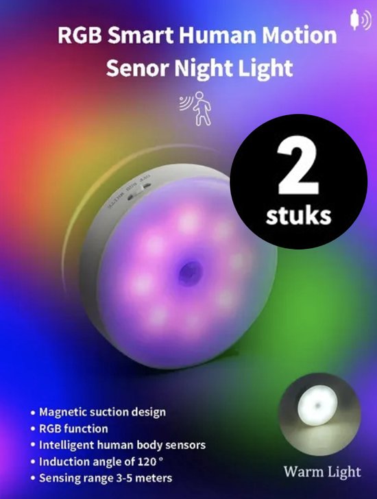 Lumière à Smart sensor RGB - Veilleuse LED - Capteur de corps - Luminosité réglable - Montage magnétique - Sans fil.