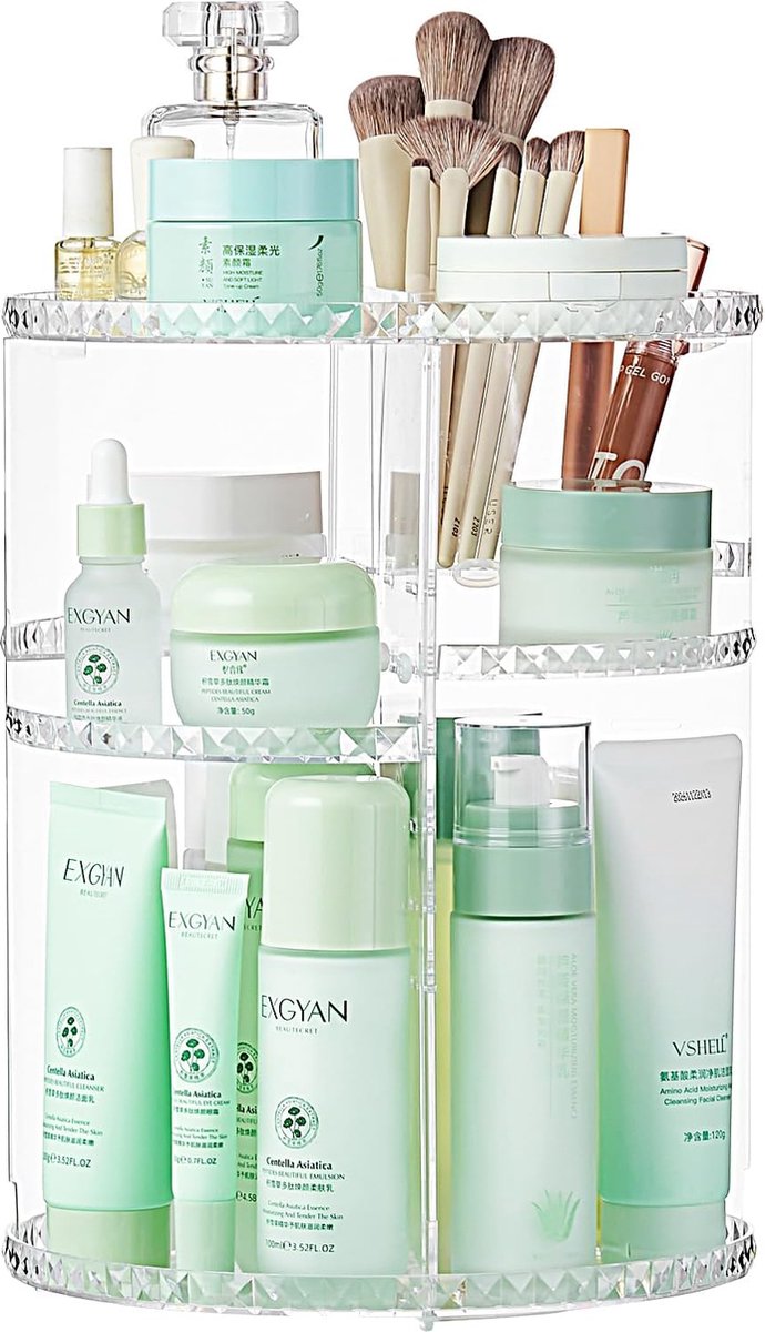 Luxiba - Rotating Make-up Organizer Cosmetic Holder 360 Graden Spin Make-up Opbergdoos Display Stand Brush Holders Verstelbare lade voor Vanity Badkamer Slaapkamer Kast Groot Acryl Clear
