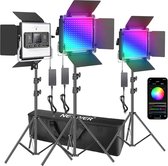 Set van 3 RGB LED-lampen met App-besturing - Fotografie en Videoverlichtingsset - 528 SMD LEDs - CRI95/3200K-5600K - Helderheid 0-100% - 0-360 Kleuren - Waterbestendig - Inclusief Draagtas
