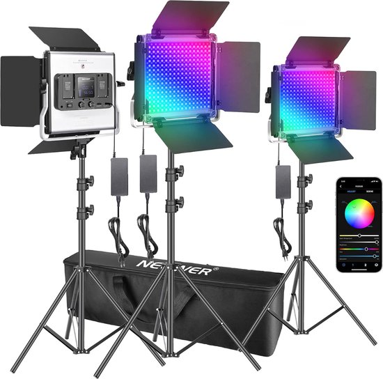 Set van 3 RGB LED-lampen met App-besturing - Fotografie en Videoverlichtingsset - 528 SMD LEDs - CRI95/3200K-5600K - Helderheid 0-100% - 0-360 Kleuren - Waterbestendig - Inclusief Draagtas