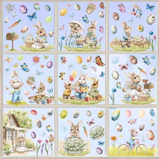 Zindoo Vensterafbeeldingen voor Pasen, 4 vellen, 70 stuks, paasstickers voor ramen, herbruikbaar, dubbelzijdige druk, statische stickers, decoratie, paasei raamafbeeldingen