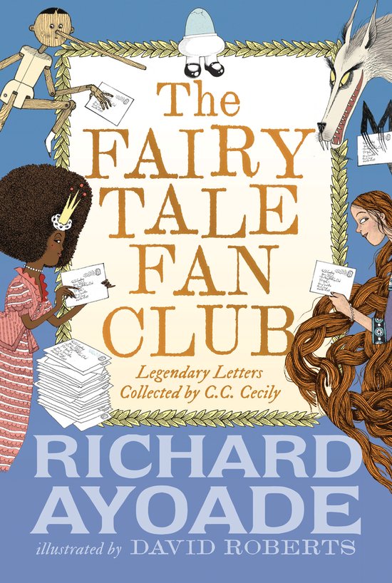 Boekomslag van 'The Fairy Tale Fan Club' met illustraties van een wolf, twee meisjes, een marionet en brieven.