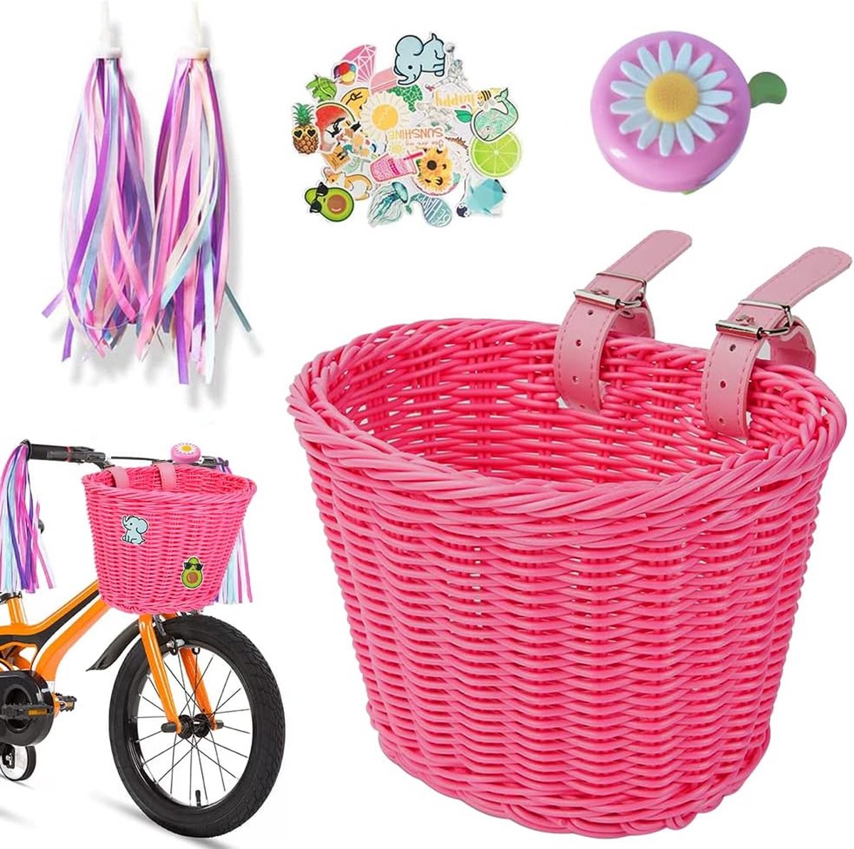 Fietsmand voor kinderen, gevlochten fietsmand voor meisjes en kinderen, aan de voorkant, van kunststof, met leren riem, luchtslangen, decoratief, afneembaar