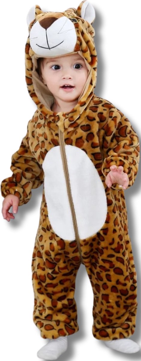 Luipaard Baby Dieren romper Verkleedpak – Peuter CarnavalKostuum – Onesie Kinderen 6 maanden tot 2 jaar – Flanel – Voor Kerstmis, Sinterklaas Cadeau – Jongen & Meisjes - Jumpsuit – Pyjama of Boxpak – Kruippak – Perfect kraamCadeau – Bruin