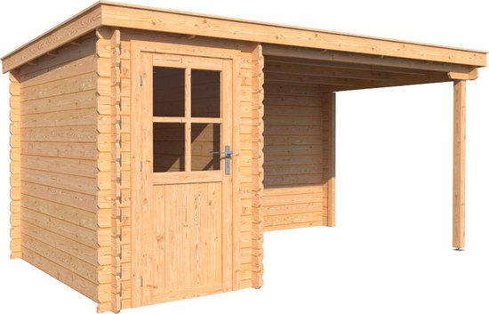 BlokhuttenOutlet.nl Blokhut met overkapping lessenaar dak 150 x 250 + 300cm