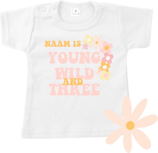 Verjaardag shirt 3 jaar met naam-Young wild and three-korte mouw-Maat 98