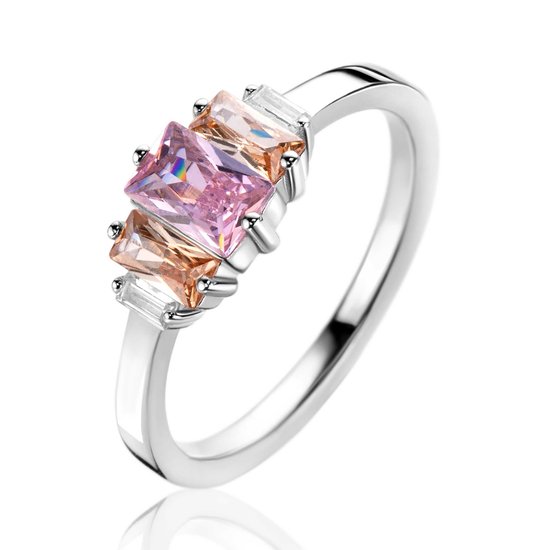 ZINZI zilveren ring, bezet met baguette geslepen zirconia's in de kleuren wit, en roze ZIR2490