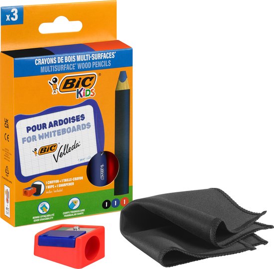 Emballage crayons BIC Kids Velleda pour tableaux blancs avec taille-crayon et chiffon.