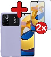 Hoesje Geschikt voor Xiaomi Poco M4 Pro 5G Hoesje Siliconen Case Hoes Met 2x Screenprotector - Hoes Geschikt voor Xiaomi Poco M4 Pro 5G Hoes Cover Case - Lila