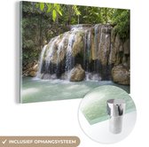 MuchoWow® Glasschilderij 120x80 cm - Schilderij acrylglas - Waterval over de rotsen bij het Thaise nationaal park Erawan - Foto op glas - Schilderijen