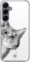 Casimoda® hoesje - Geschikt voor Samsung Galaxy A55 - Kat Kiekeboe - Shockproof case - Extra sterk - TPU/polycarbonaat - Grijs, Transparant