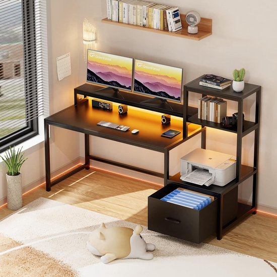 Mondeer Bureau Blanc, Bureau Ordinateur avec 2 Tiroirs et Étagères de