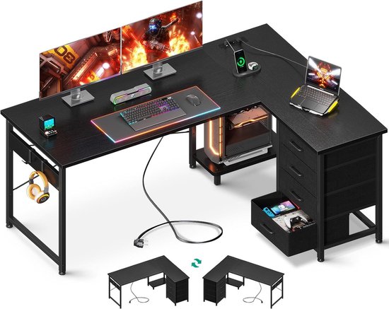 L-vormig bureau met laden en stopcontacten - omkeerbaar pc-tafel voor thuiskantoor en gaming - 135 × 100 cm zwart