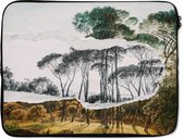 Laptophoes 15.6 inch - Italiaans landschap parasoldennen - Kunst - Hendrik Voogd - Schilderij - Zwart wit - Oude meesters - Laptop sleeve - Binnenmaat 39,5x29,5 cm - Zwarte achterkant