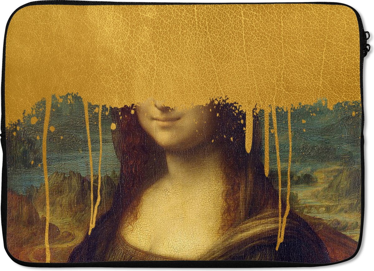Laptophoes 13 inch - Mona Lisa - Goud - Da Vinci - Laptop sleeve - Binnenmaat 32x22,5 cm - Zwarte achterkant