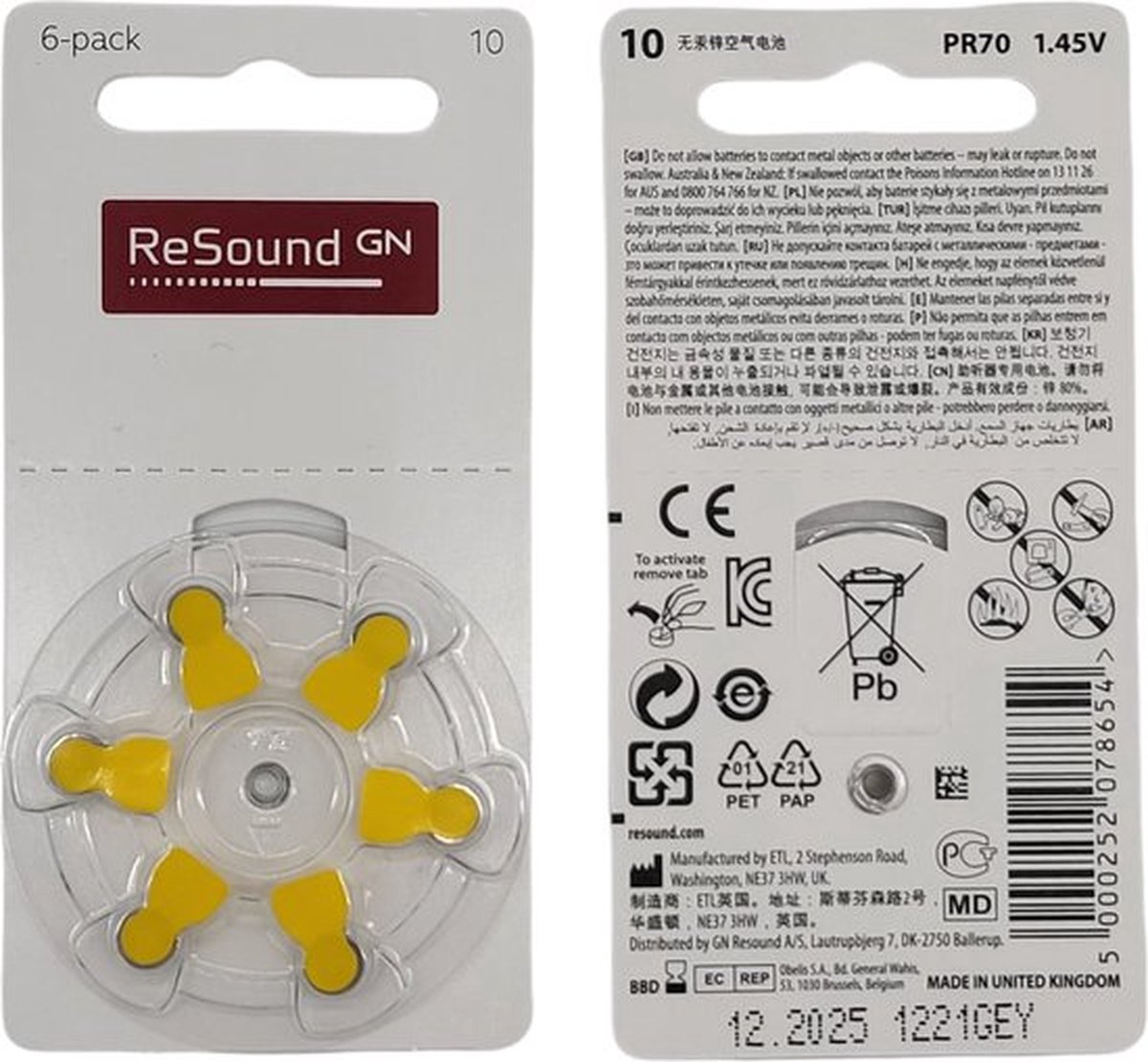 Resound hoortoestel batterijen P10 - gele sticker