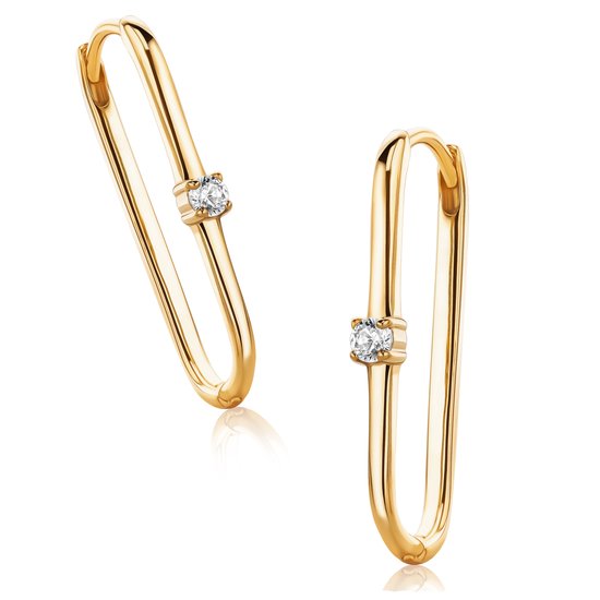 Gouden oorbellen met zirkonia, in de vorm van een paperclip.