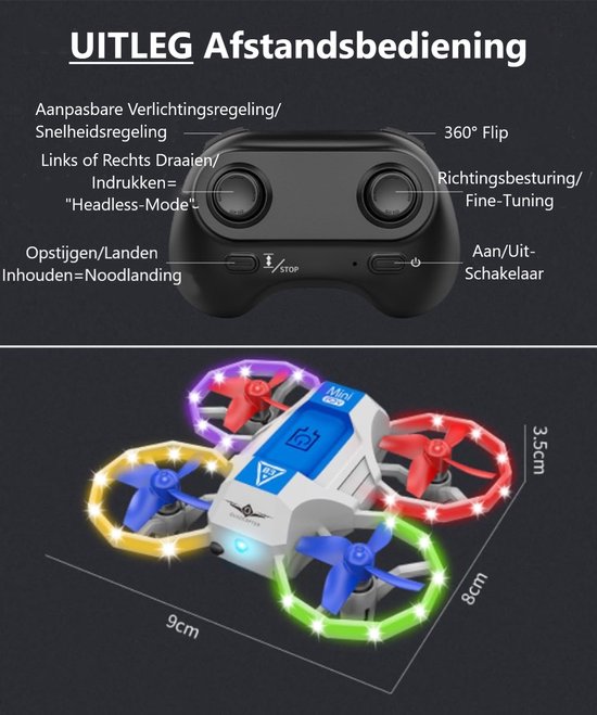 Huntex Mini-Drone Blauw met Verlichting voor Kinderen en Volwassenen - RC Voertuigen - Spraakbesturing Verlicht - 3D-flip - Kinder Drone - Kinderspeelgoed - Verjaardagscadeau - Inclusief 2 Accu's en Batterijen