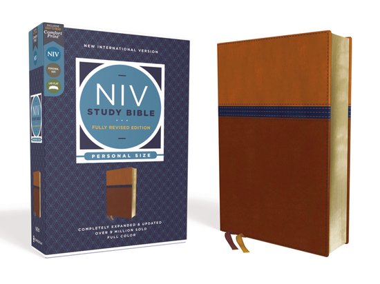 NIV Study Bible, Fully Revised Edition, taille personnelle, cuir souple marron/bleu, avec marque-pages bleu et marron.