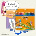 Verpakking van 24 BIC Kids Illusion kleurpotloden, met kameleon en bidsprinkhaan, met de tekst 'New look, same product!'