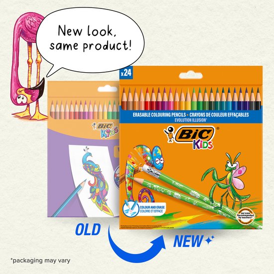 Verpakking van 24 BIC Kids Illusion kleurpotloden, met kameleon en bidsprinkhaan, met de tekst 'New look, same product!'
