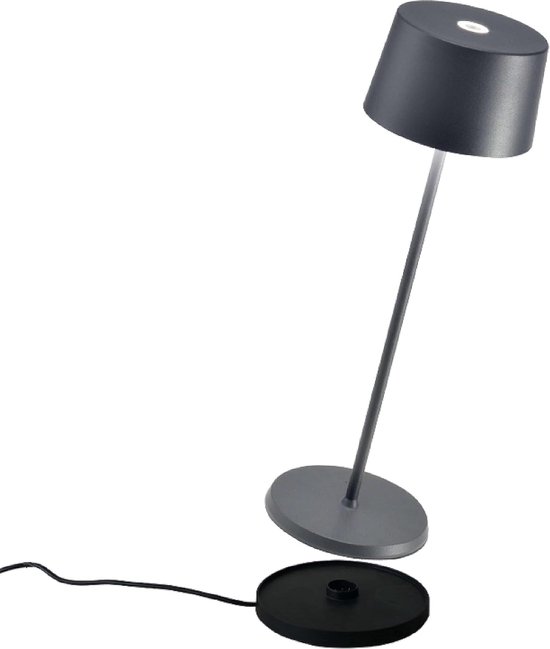 Zafferano Olivia Pro Tafellamp - Oplaadbare Buitenlamp Antraciet - Spatwaterdicht (IP65) - Bureaulamp Snoerloos - Dimbare LED Lamp - Draadloos Oplaadstation - Terraslamp - USB Oplaadbaar - 35 cm x Ø11 cm