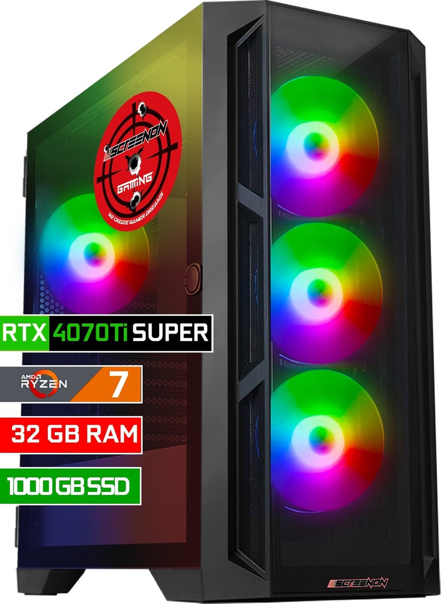 ScreenON - Game Computer / Gaming PC - Ryzen 7 - 1TB M.2 SSD - 32GB RAM - RTX 4070 Ti Super - Windows 11