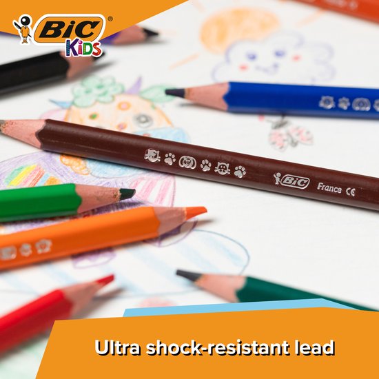 Bruin BIC potlood met dierenpootjes print op een tekening met rode, groene, oranje en blauwe potloden.