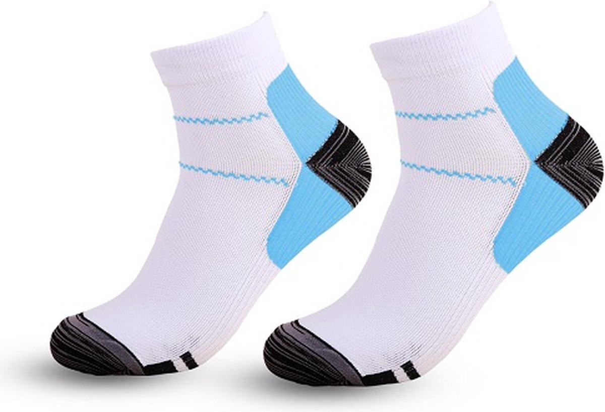 Inuk - Compressie sportsokken - Heerlijk compact gevoel aan je voet - Warme voeten - Maat 40-44 L / XL - Wit blauw - Kwaliteits sok, krimpt niet flubbert niet, blijft strak en mooi